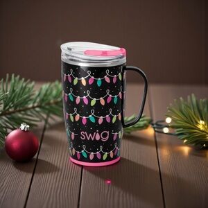 Swig Black & Pink Holiday Light Travel Mug with Handle